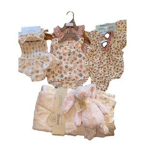 NWT Baby Girl Lot 3 Outfits 0-3, 3-6, 9 Months Sizes Soft Blanket. Bunny Stuffy